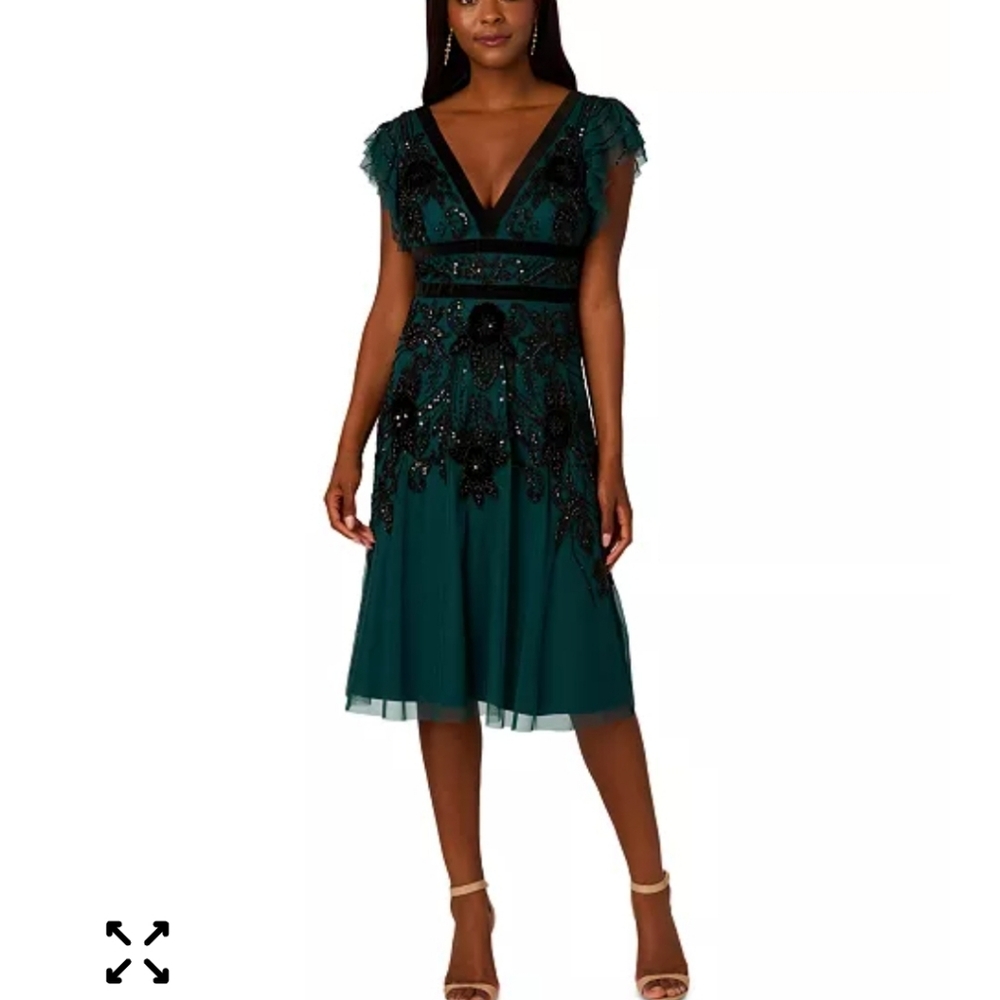 $799 Adrianna Papell Velvet-Trim Embellished Midi Bead Mesh Dress Sz 2 Old Money